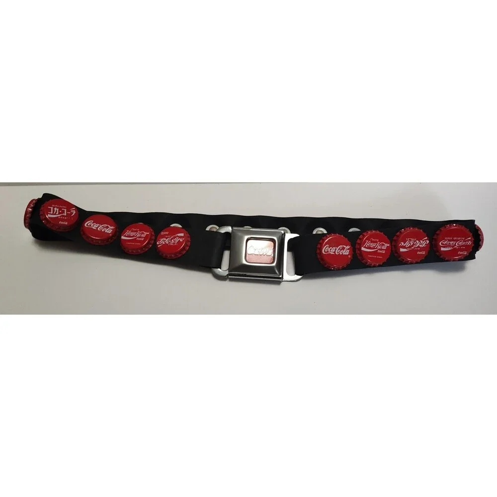 Vintage 90's COKE Rubber Belt  Coca-Cola Global Bottle Caps Chrome Punk Goth